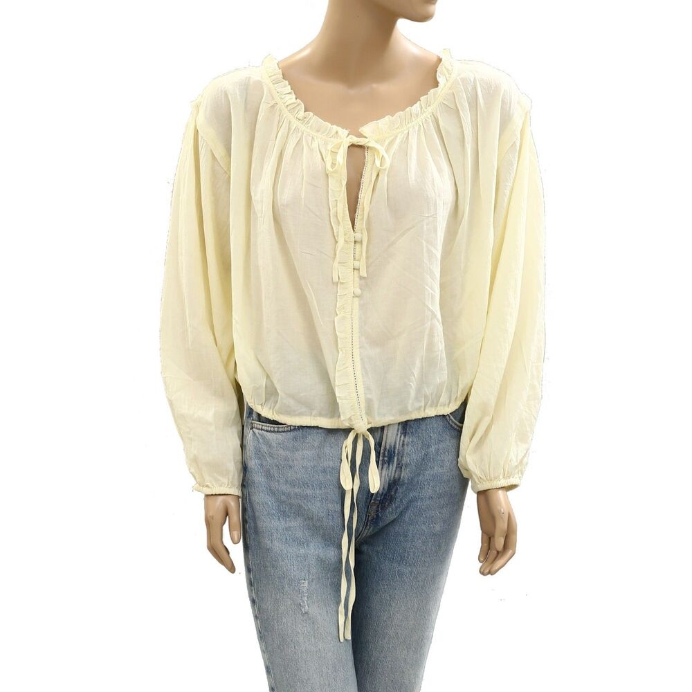 Free People Cropped Blouse Top Cotton Ruffle Beach Lace Long Sleeve S NWT 285800